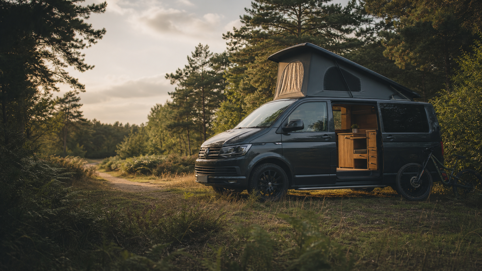 Campervan with a raised pop-top and handcrafted interior in a woodland clearing